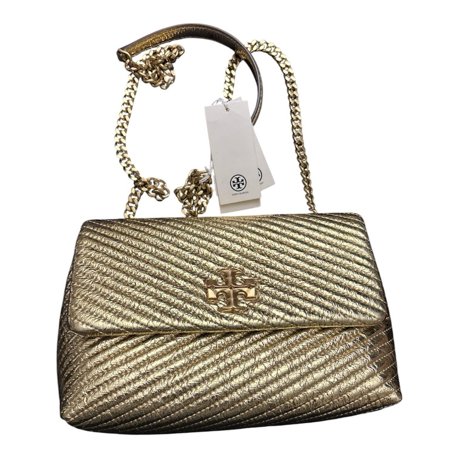 Tory Burch Kira Metallic Moto Quilt Small Convertible Shoulder Bag Gold New